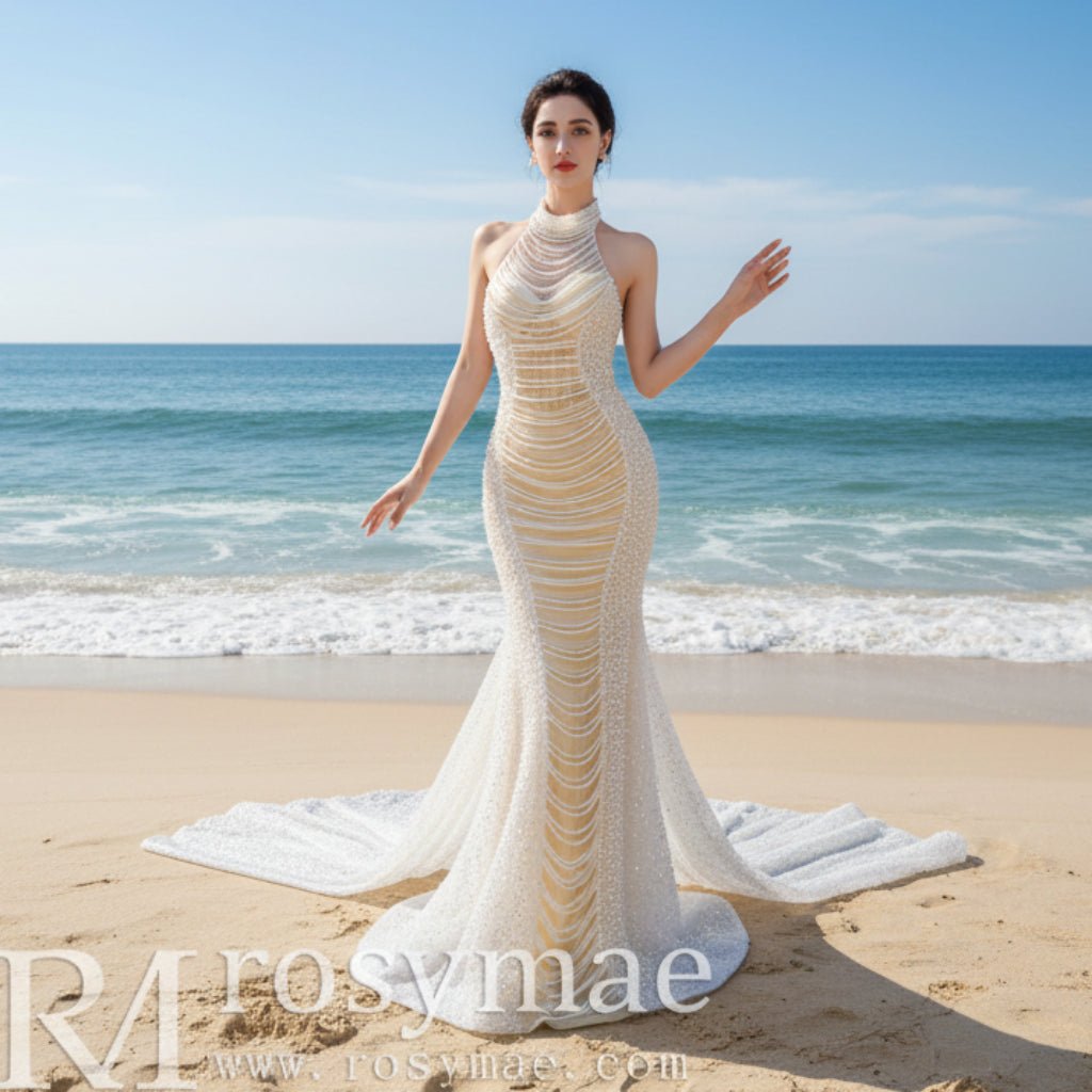 Sheer Pearl Mermaid Wedding Dress with Halter Neck Bridal Dress - Rosymae