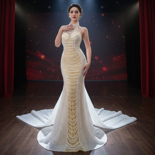 Sheer Pearl Mermaid Wedding Dress with Halter Neck Bridal Dress - Rosymae