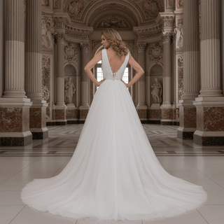Sheer Plunging Deep V Neck A-line Tulle Wedding Dress Open Back - Rosymae