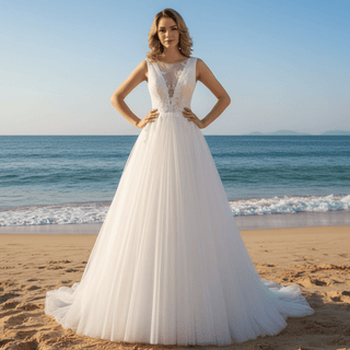 Sheer Plunging Deep V Neck A-line Tulle Wedding Dress Open Back - Rosymae