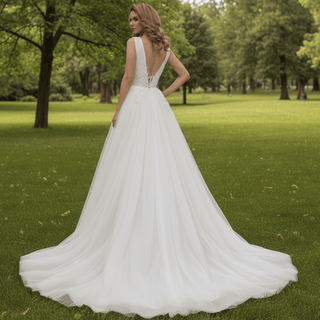 Sheer Plunging Deep V Neck A-line Tulle Wedding Dress Open Back - Rosymae