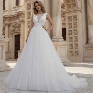 Sheer Plunging Deep V Neck A-line Tulle Wedding Dress Open Back - Rosymae