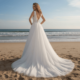Sheer Plunging Deep V Neck A-line Tulle Wedding Dress Open Back - Rosymae