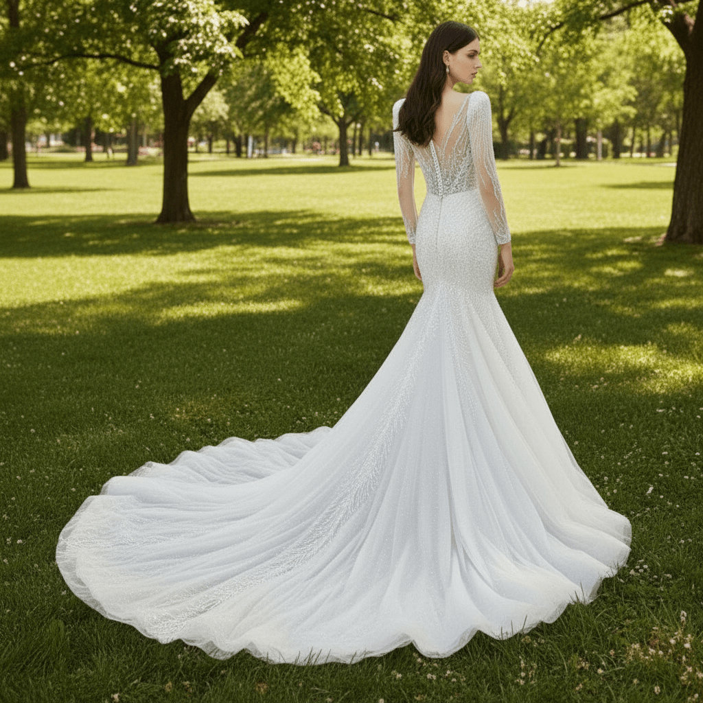 Sheer Puff Long Sleeve Sequin Bling Wedding Dress with Mermaid - Rosymae