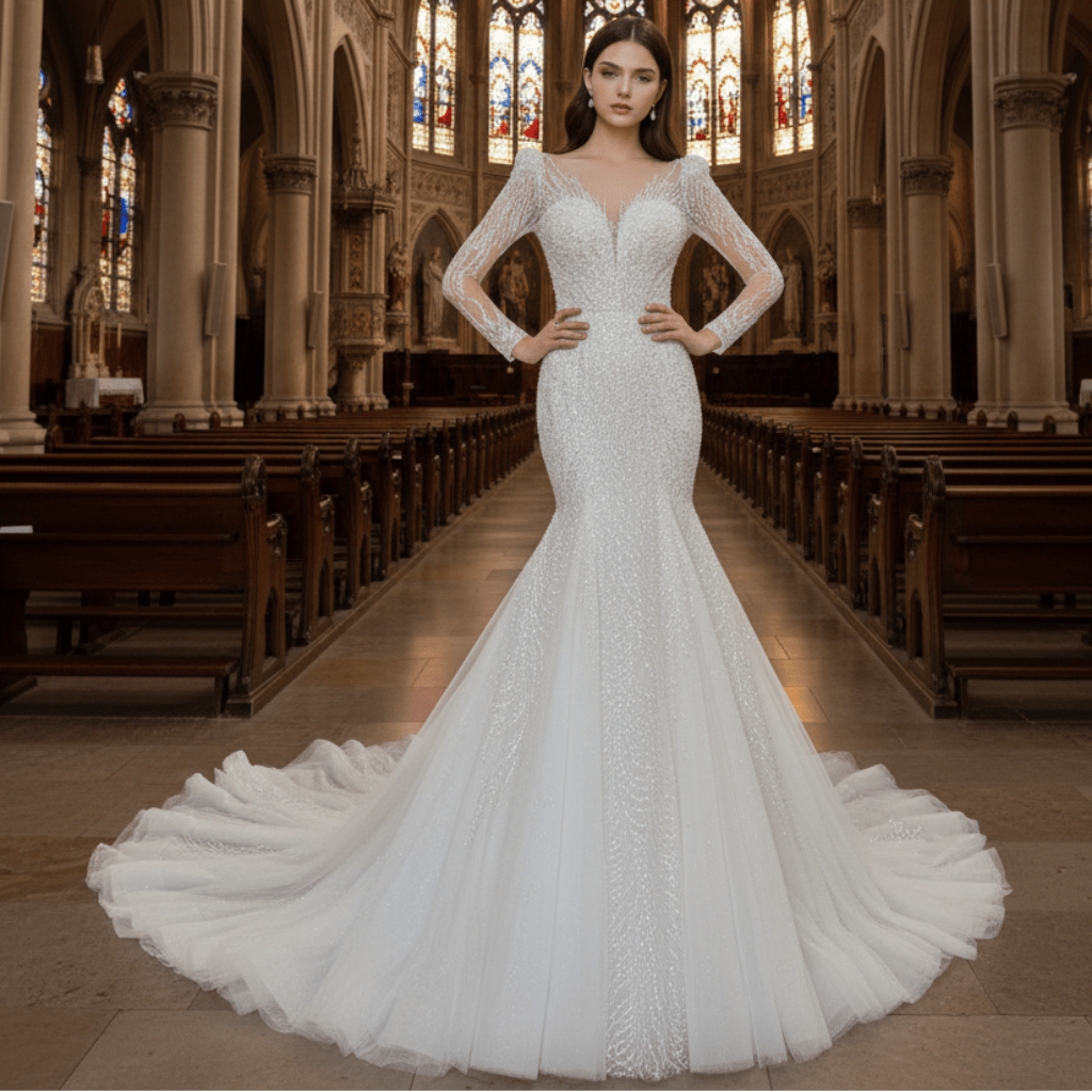Sheer Puff Long Sleeve Sequin Bling Wedding Dress with Mermaid - Rosymae