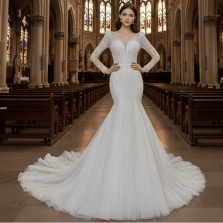 Sheer Puff Long Sleeve Sequin Bling Wedding Dress with Mermaid - Rosymae