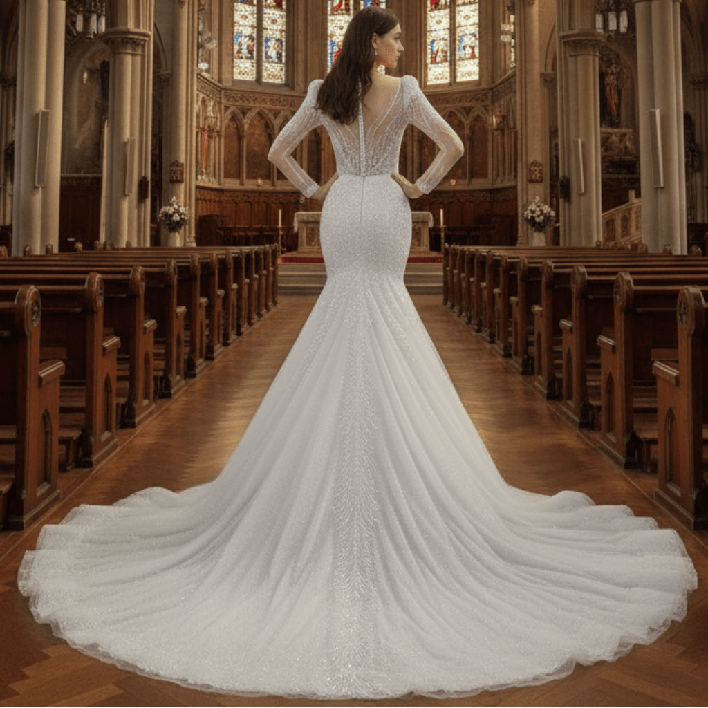 Sheer Puff Long Sleeve Sequin Bling Wedding Dress with Mermaid - Rosymae