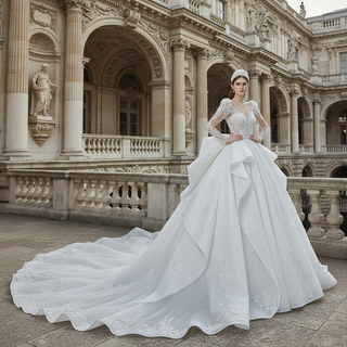 Elegant Puffy Long Sleeve Ballgown Ruffle Bridal Wedding Dresses