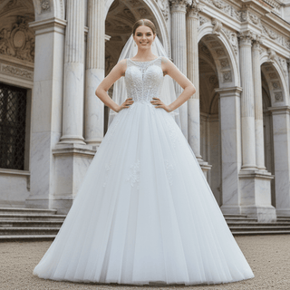Sheer Scoop Neck A-line Tulle Beach Wedding Dress Bridal Gown - Rosymae