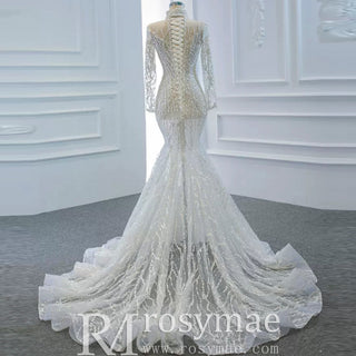 Sheer Sparkly High Neck Trumpet Wedding Dress with Long Sleeves - Rosymae