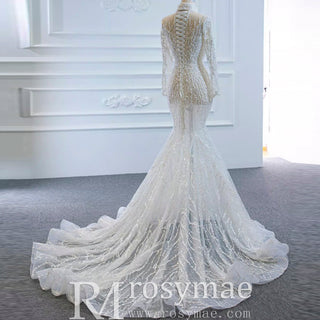 Sheer Sparkly High Neck Trumpet Wedding Dress with Long Sleeves - Rosymae