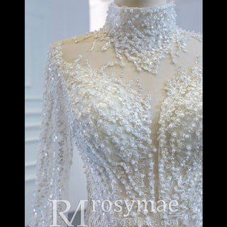 Sheer Sparkly High Neck Trumpet Wedding Dress with Long Sleeves - Rosymae