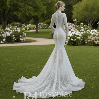 Sheer Sparkly High Neck Trumpet Wedding Dress with Long Sleeves - Rosymae