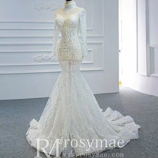 Sheer Sparkly High Neck Trumpet Wedding Dress with Long Sleeves - Rosymae