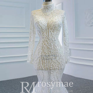 Sheer Sparkly High Neck Trumpet Wedding Dress with Long Sleeves - Rosymae