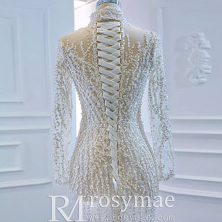 Sheer Sparkly High Neck Trumpet Wedding Dress with Long Sleeves - Rosymae