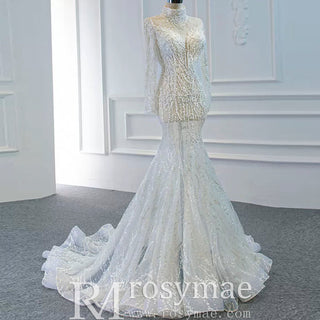 Sheer Sparkly High Neck Trumpet Wedding Dress with Long Sleeves - Rosymae