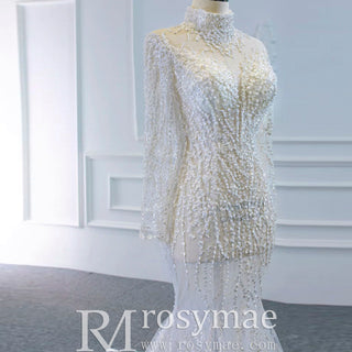 Sheer Sparkly High Neck Trumpet Wedding Dress with Long Sleeves - Rosymae