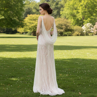 Sheer Sparkly V-Neck Lace Sheath Wedding Dress with Open Back - Rosymae
