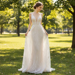 Sheer Sparkly V-Neck Lace Sheath Wedding Dress with Open Back - Rosymae
