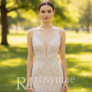 Sheer Sparkly V-Neck Lace Sheath Wedding Dress with Open Back - Rosymae