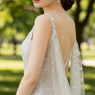 Sheer Sparkly V-Neck Lace Sheath Wedding Dress with Open Back - Rosymae
