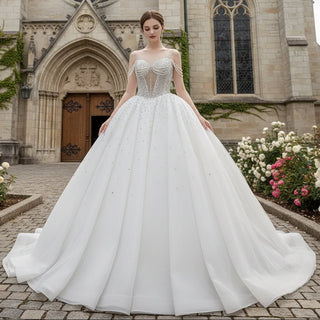 Sheer Square Collar Elegant Bridal Ball Gown Wedding Dress - Rosymae