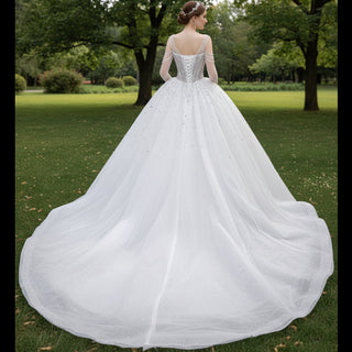 Sheer Square Collar Elegant Bridal Ball Gown Wedding Dress - Rosymae