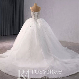 Sheer Square Collar Elegant Bridal Ball Gown Wedding Dress - Rosymae