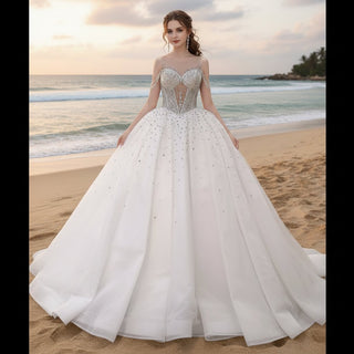 Sheer Square Collar Elegant Bridal Ball Gown Wedding Dress - Rosymae
