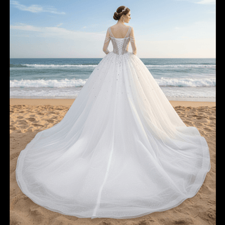 Sheer Square Collar Elegant Bridal Ball Gown Wedding Dress - Rosymae