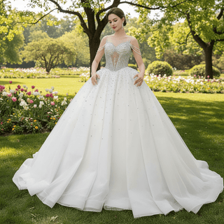 Sheer Square Collar Elegant Bridal Ball Gown Wedding Dress - Rosymae