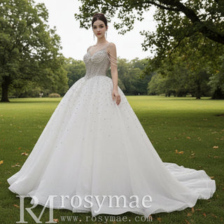 Sheer Square Collar Elegant Bridal Ball Gown Wedding Dress - Rosymae