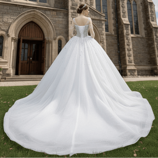 Sheer Square Collar Elegant Bridal Ball Gown Wedding Dress - Rosymae