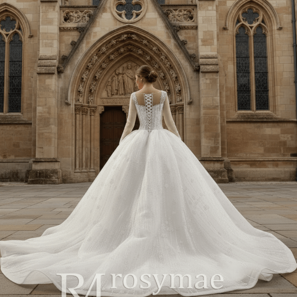 Sheer Square Neckline Ball Gown Wedding Dress with Long Sleeve Ivory / 14