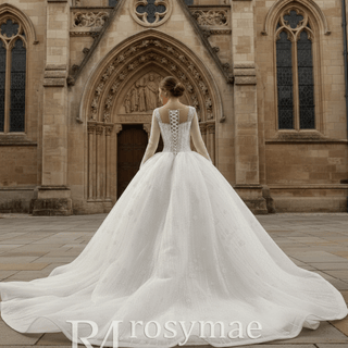 Sheer Square Neckline Ball Gown Wedding Dress with Long Sleeve - Rosymae