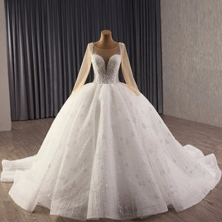 Sheer Square Neckline Ball Gown Wedding Dress with Long Sleeve - Rosymae