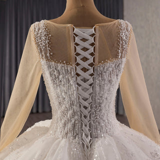 Sheer Square Neckline Ball Gown Wedding Dress with Long Sleeve - Rosymae