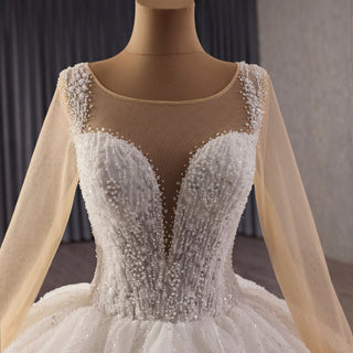 Sheer Square Neckline Ball Gown Wedding Dress with Long Sleeve - Rosymae