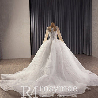 Sheer Square Neckline Ball Gown Wedding Dress with Long Sleeve - Rosymae