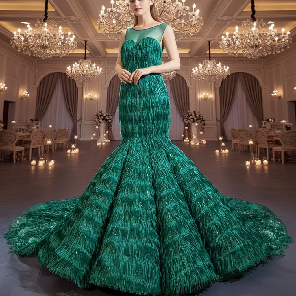 Sheer Sweetheart Mermaid Sequins Prom Dress With Tassel - Rosymae