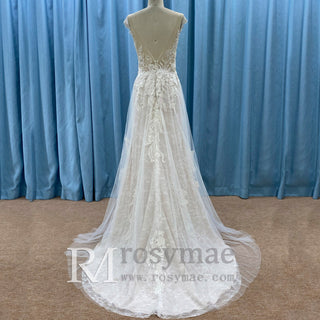 Sheer Sweetheart Neck Floral Lace A-line Wedding Dress with Open Back - Rosymae