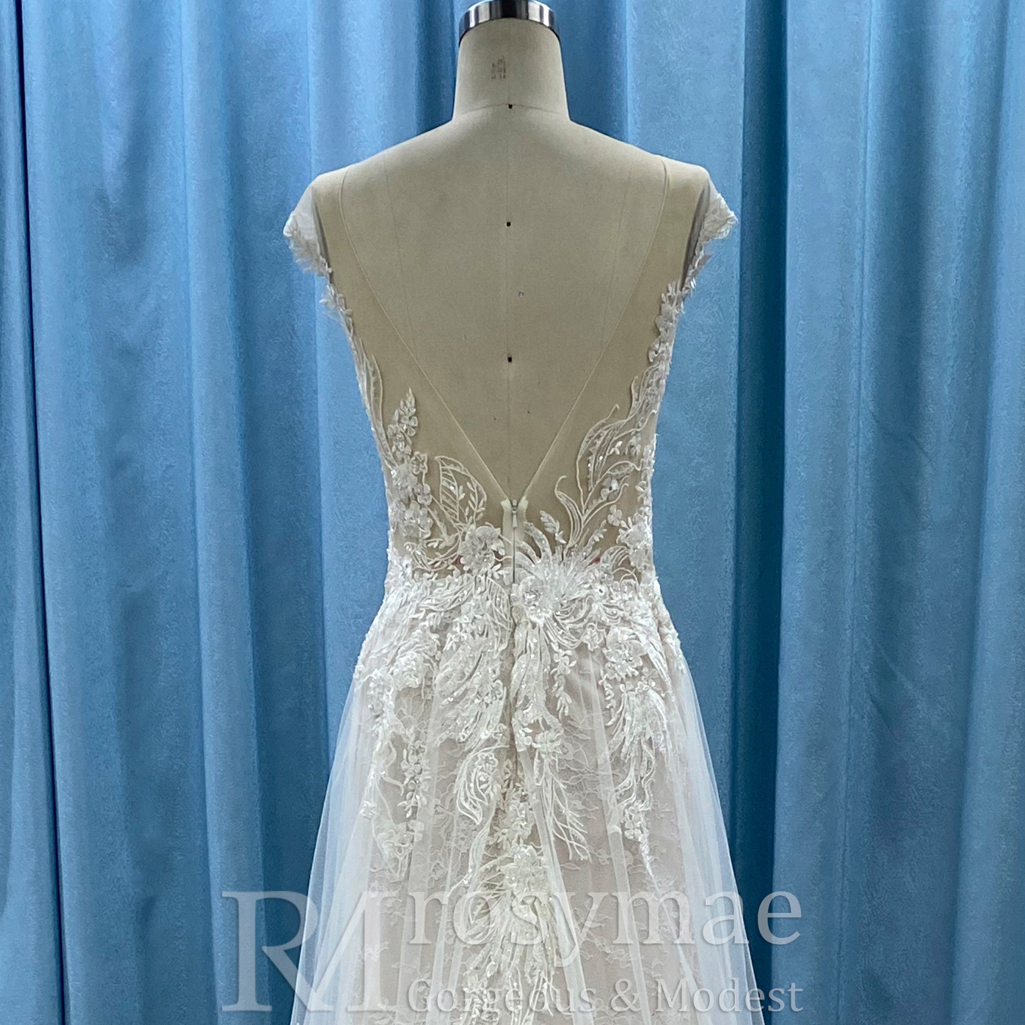 Sheer Sweetheart Neck Floral Lace A-line Wedding Dress with Open Back - Rosymae