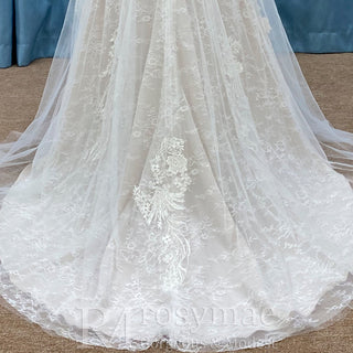 Sheer Sweetheart Neck Floral Lace A-line Wedding Dress with Open Back - Rosymae