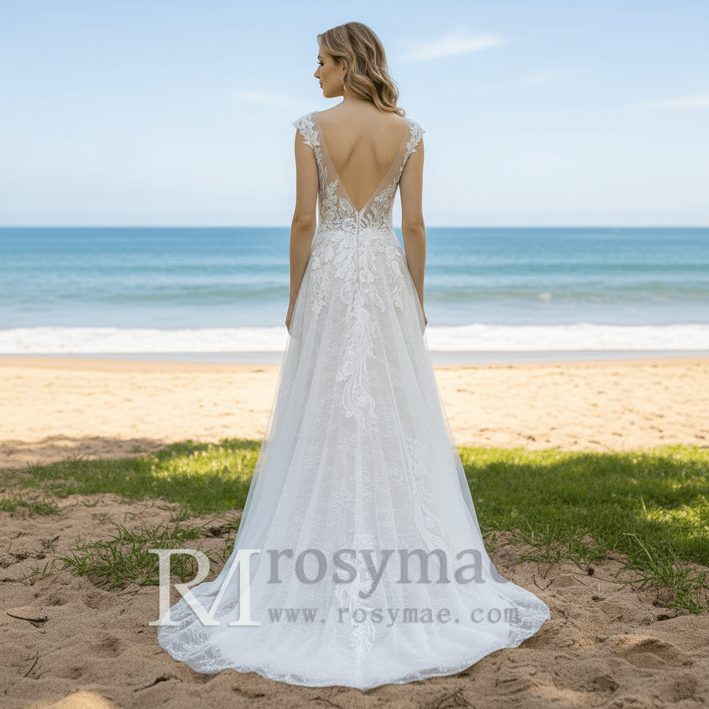 Sheer Sweetheart Neck Floral Lace A-line Wedding Dress with Open Back - Rosymae