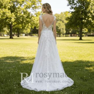 Sheer Sweetheart Neck Floral Lace A-line Wedding Dress with Open Back - Rosymae
