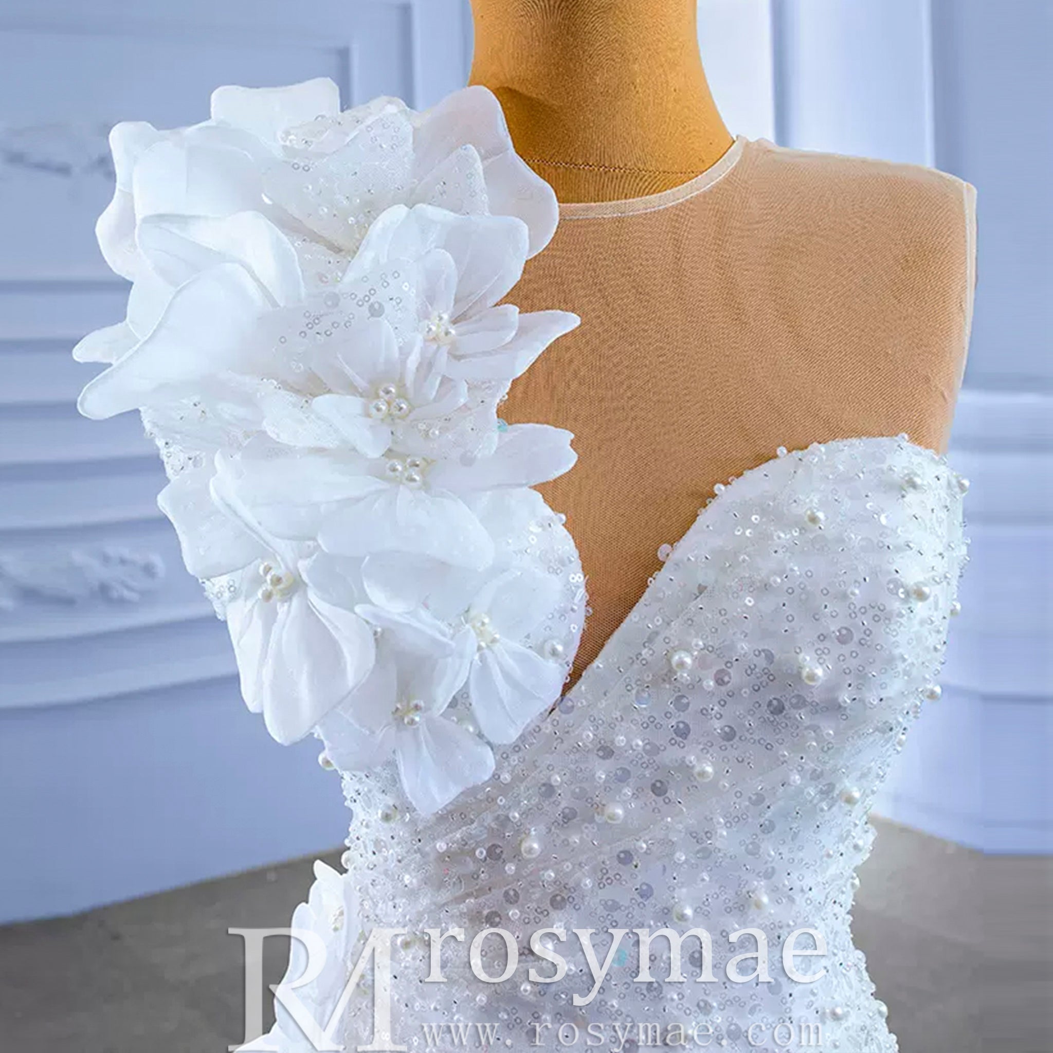 Shiny Beaded Floral Mermaid Wedding Dress with Sheer Neck - Rosymae