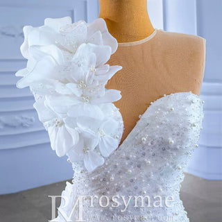 Shiny Beaded Floral Mermaid Wedding Dress with Sheer Neck - Rosymae