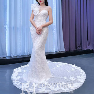 Shiny Beaded Floral Mermaid Wedding Dress with Sheer Neck - Rosymae