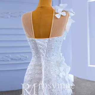 Shiny Beaded Floral Mermaid Wedding Dress with Sheer Neck - Rosymae